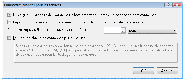 Paramètres avancés pour la boîte de dialogue Services