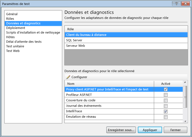 Données de paramètres de test et diagnostics