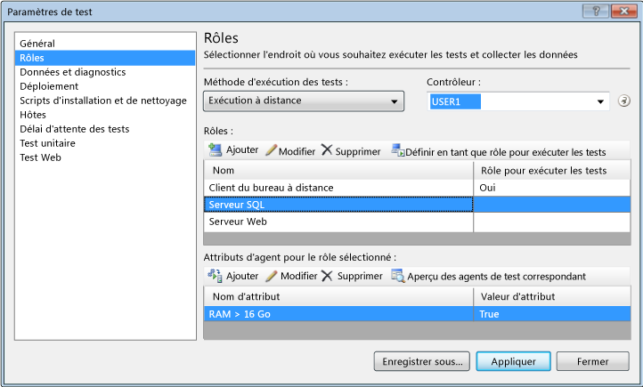 Rôle de paramètres de test