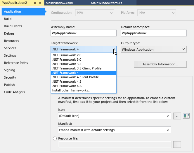 Onglet Propriétés de la fenêtre Propriétés de l'application Visual Studio