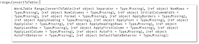 List of parameters for ConvertToTable method.