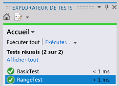 Explorateur de tests unitaires - Réussite du test de plage