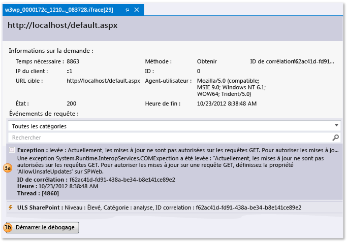 Fichier journal IntelliTrace - Afficher une requête web + événements