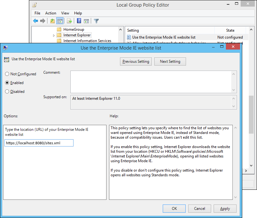 local group policy editor for using a site list.