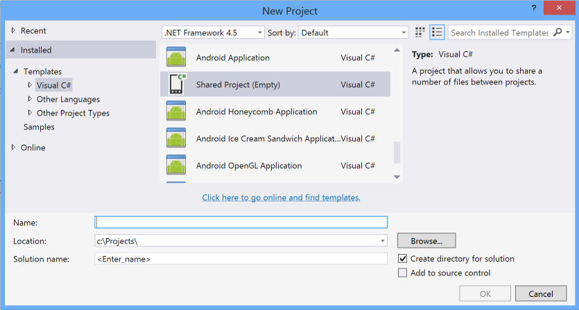 Modèle de projet partagé dans Visual Studio 2017