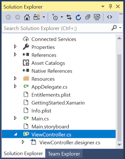 Les deux fichiers qui composent la classe ViewController : ViewController.cs et ViewController.designer.cs