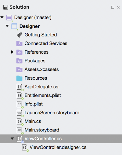 Les deux fichiers qui composent la classe ViewController : ViewController.cs et ViewController.designer.cs