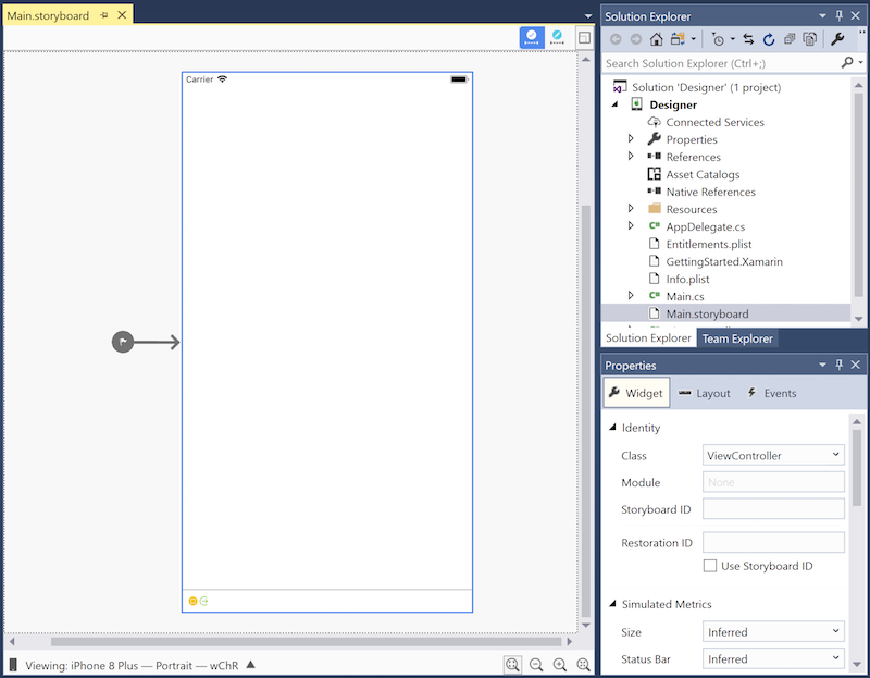 Un storyboard ouvert dans le Designer