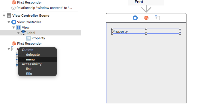 Définition du type segue en sélectionnant le menu Des points de vente dans le menu contextuel Étiquette.