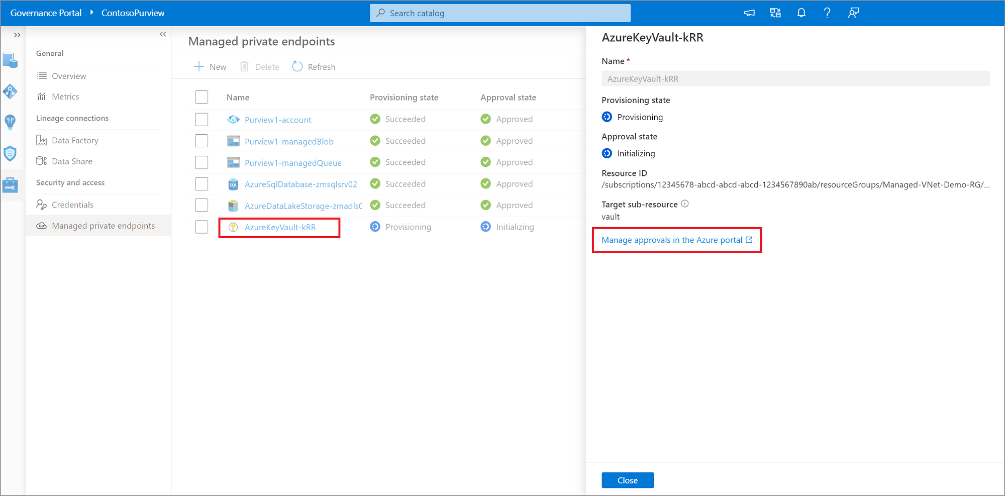 Capture d’écran montrant comment approuver un point de terminaison privé managé pour Azure Key Vault