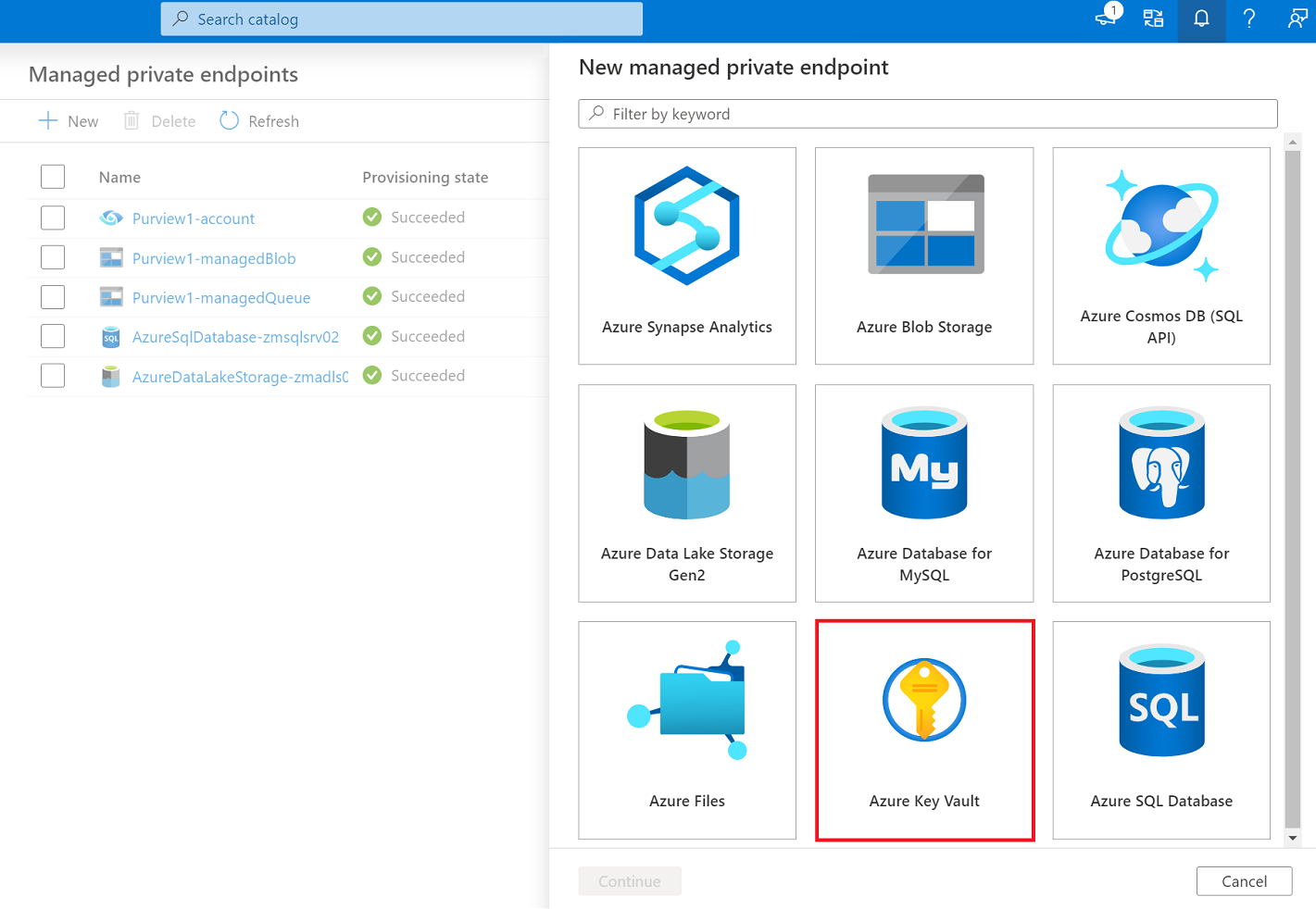 Capture d’écran montrant comment créer un point de terminaison privé managé pour Azure Key Vault