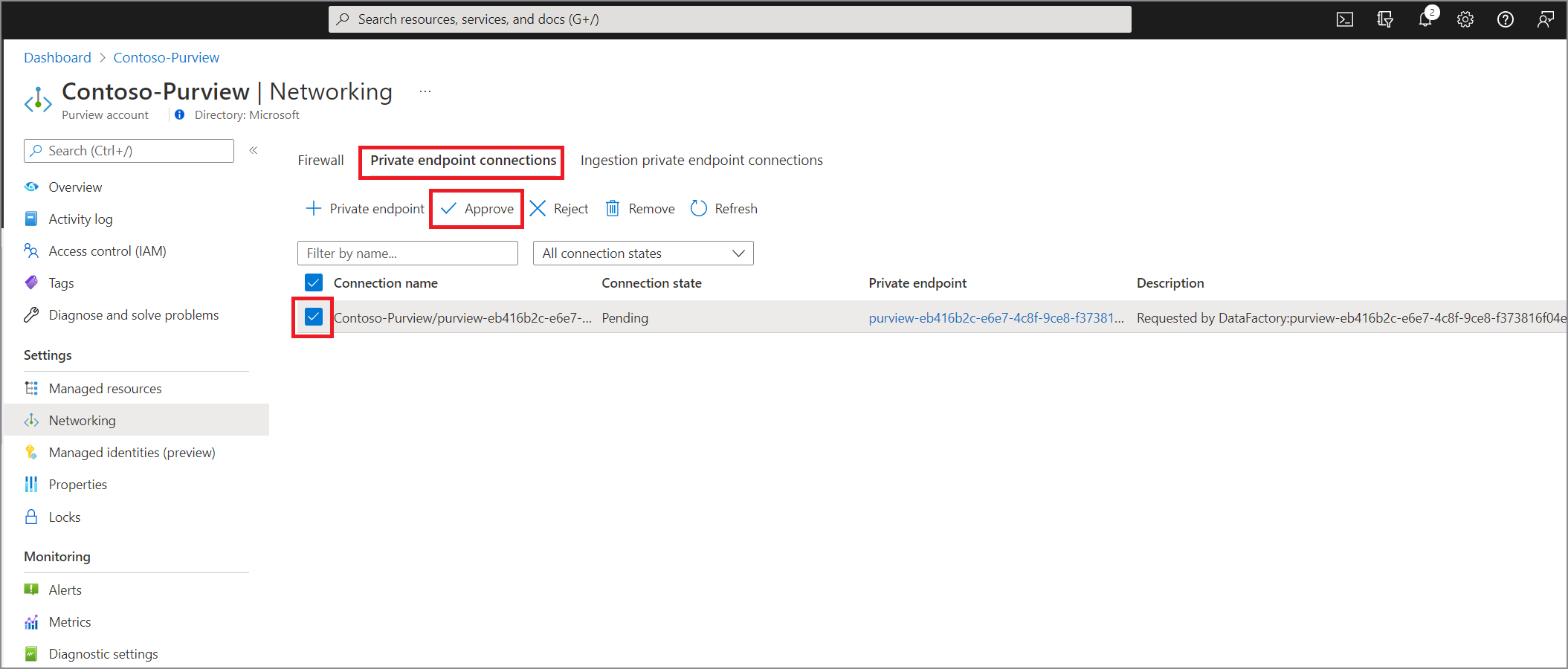 Capture d’écran montrant comment approuver un point de terminaison privé managé pour Microsoft Purview