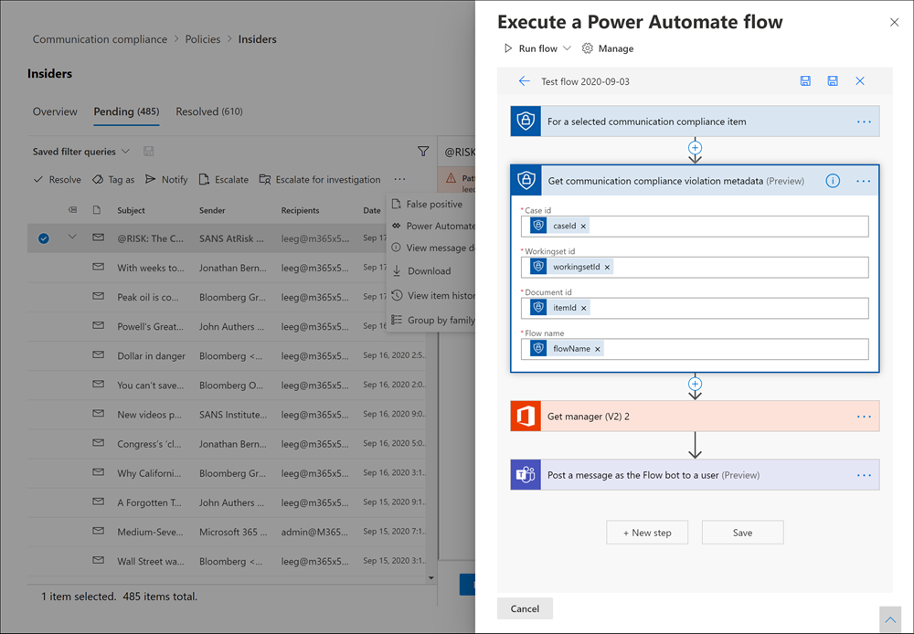 Conformité des communications Power Automate.