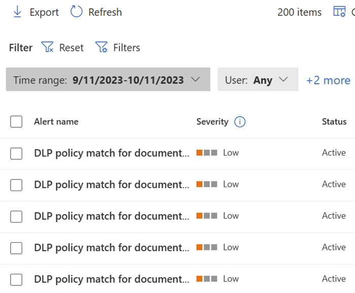 capture d’écran de l’onglet Alertes de simulation. Il affiche une liste plate de toutes les alertes générées lorsqu’un élément correspond à la stratégie dans la simulation. Il a le même format que la console d’alertes DLP