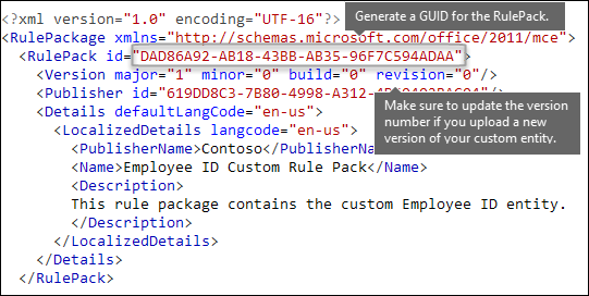 Balisage XML montrant l’élément RulePack.