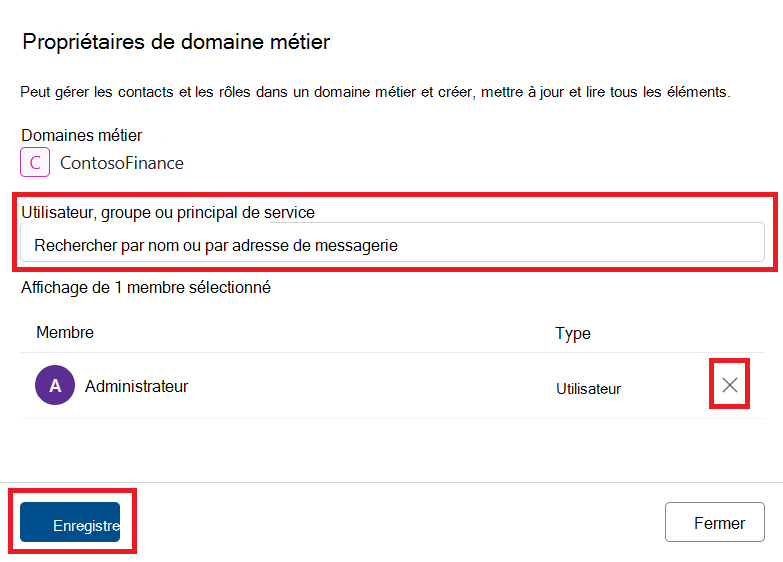 Screenshot of the governance domains roles edit page with the search, x, and save buttons highlighted.