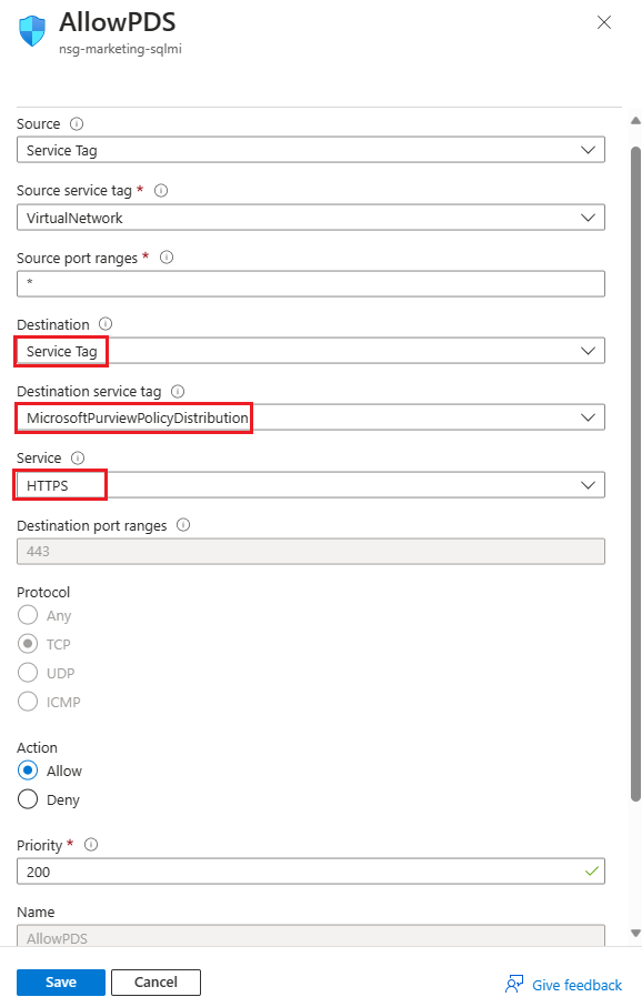 Capture d’écran montrant comment configurer une règle de sécurité de trafic sortant vers Purview