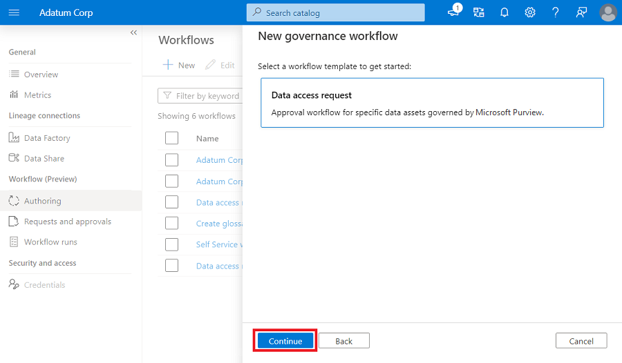 Screenshot that shows the new workflow panel, with the data access request template selected.