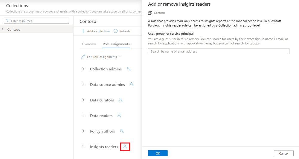 Screenshot of root collection, showing the role assignments tab, with the add user button selected next to Insights reader.