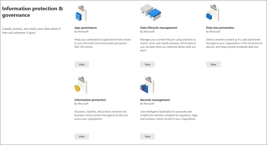 Section protection et gouvernance des informations du catalogue de solutions Microsoft Purview.