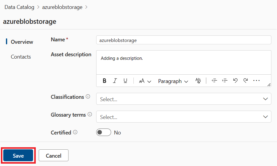 Capture d’écran d’une modification des détails d’une source de données avec une description ajoutée et le bouton Enregistrer mis en surbrillance.