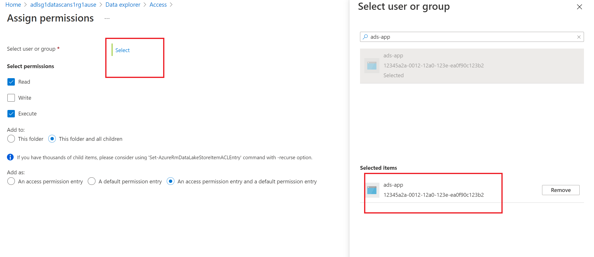 Capture d’écran montrant les détails d’attribution d’autorisations pour le principal de service