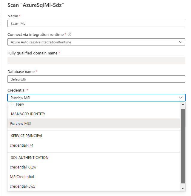 Capture d’écran de la nouvelle fenêtre d’analyse, avec le MSI Purview sélectionné comme informations d’identification, mais un principal de service ou une authentification SQL également disponible.