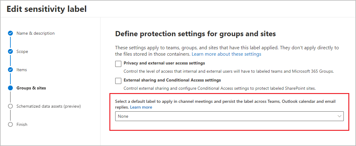 Capture d’écran de l’option permettant de configurer une étiquette de confidentialité par défaut pour protéger les réunions et les conversations de canal.