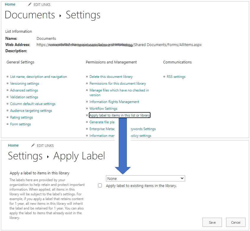 Appliquez l’étiquette par défaut pour une bibliothèque SharePoint.