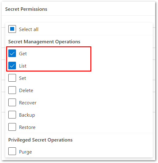 Image montrant la sélection déroulante des options d’autorisation Get et List