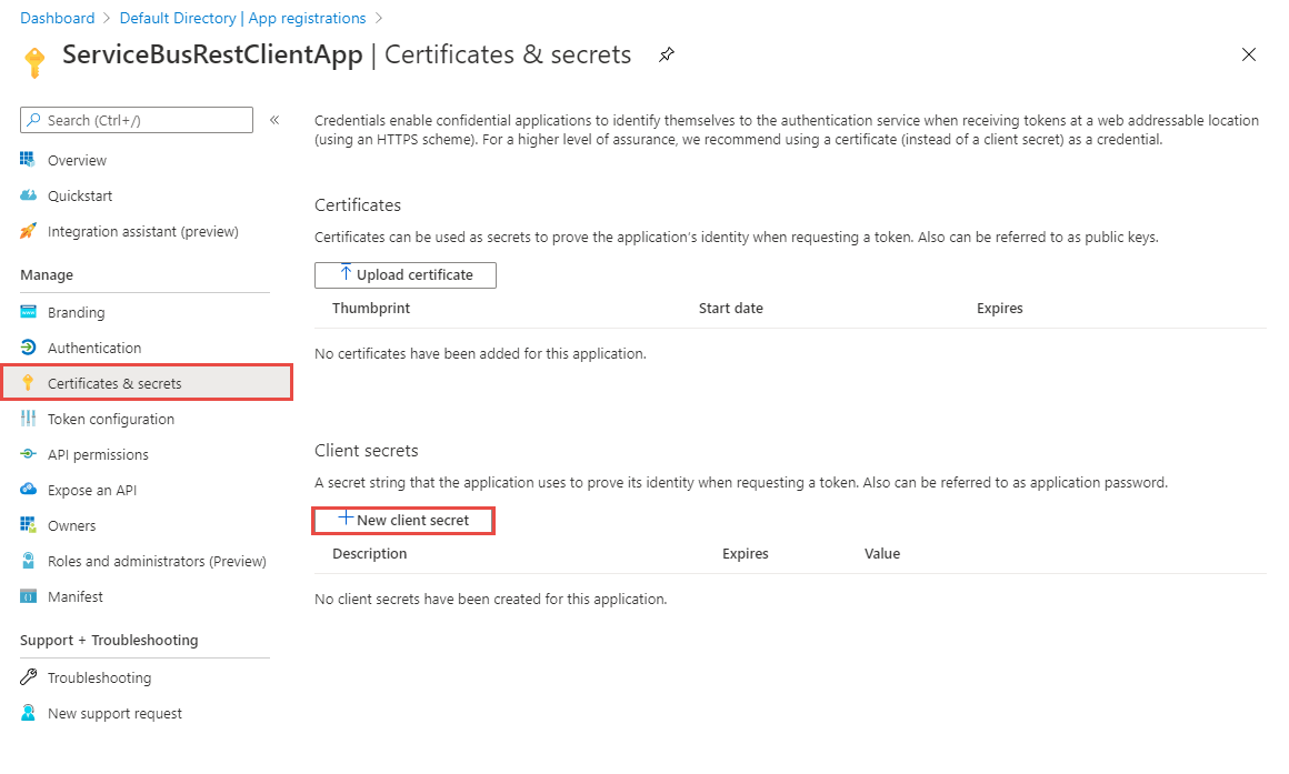 Basculez vers la page Certificats & secrets, puis sélectionnez Nouvelle clé secrète client