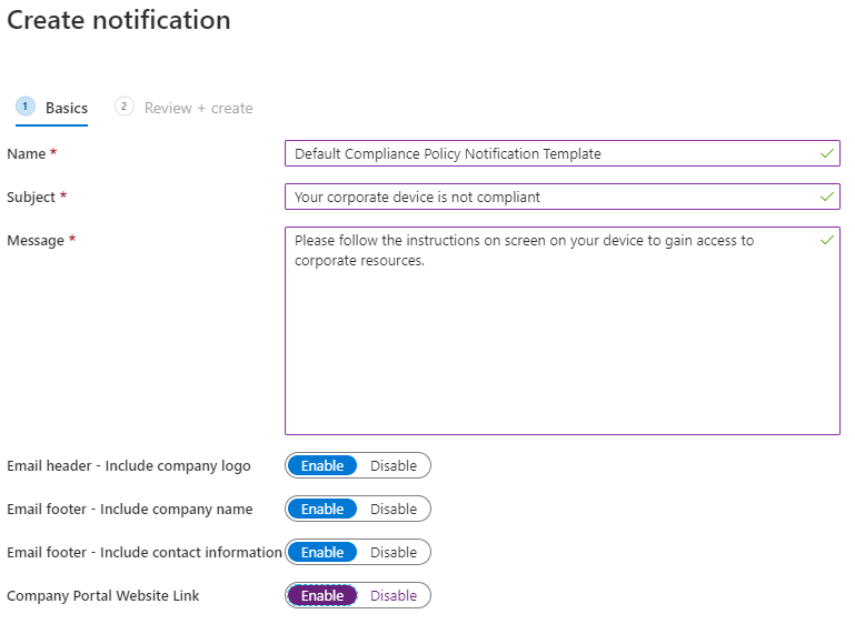 Capture d’écran de Créer une notification dans les paramètres de stratégie de conformité.