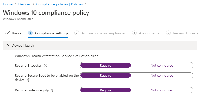 Capture d’écran d’Intégrité de l’appareil dans les paramètres de stratégie de conformité Windows 10.