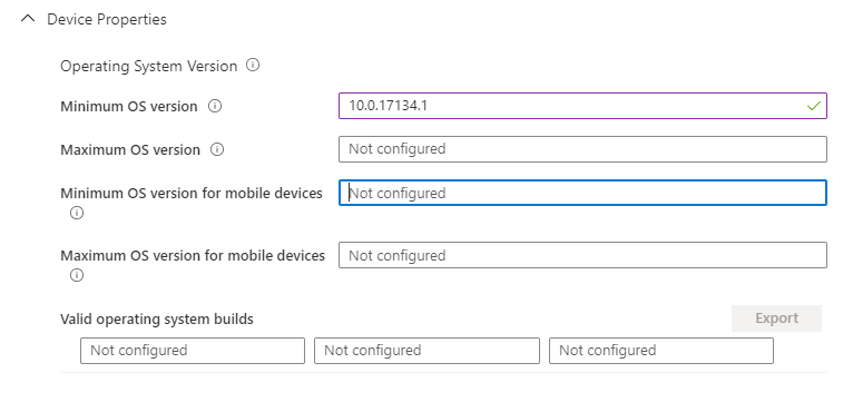 Capture d’écran de Propriétés de l’appareil dans les paramètres de stratégie de conformité Windows 10.