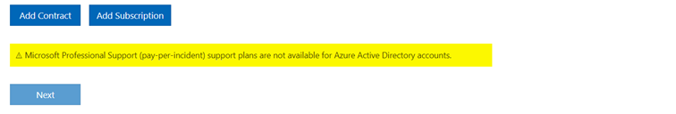 Notification en surbrillance indiquant que les plans de support professionnel Microsoft ne sont pas disponibles.