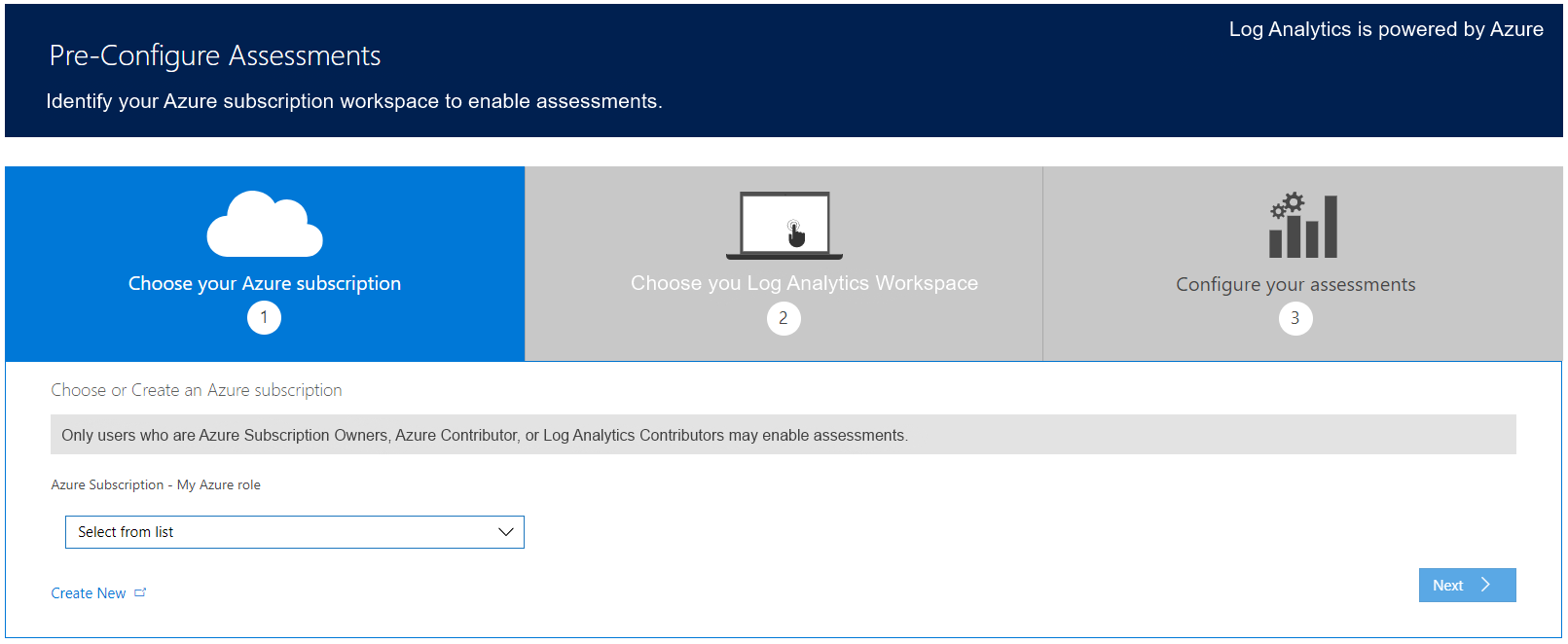 Page Préconfigurer les évaluations avec l’étape Choisir votre abonnement Azure mise en évidence.