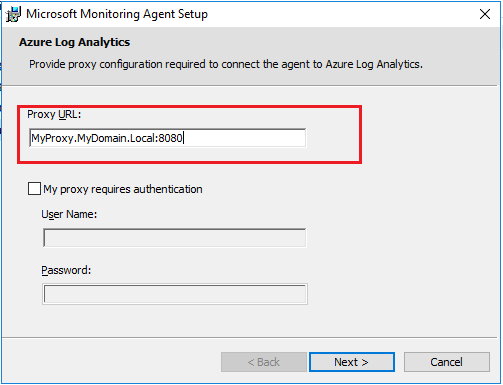 Fenêtre d’installation de l’agent Microsoft Monitoring, qui montre que l’URL du proxy est renseignée avec les informations du serveur proxy.