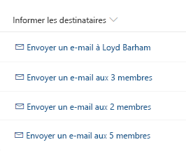 La liste des boutons qui vous avertit tous les intervenants de chacune des tâches, de première ligne est vide, la deuxième ligne lit « Envoyer le courrier électronique vers Loyd Barham, » la troisième ligne lit « envoyer à tous les 3 membres »