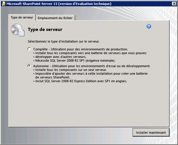 Type de serveur d’installation SharePoint