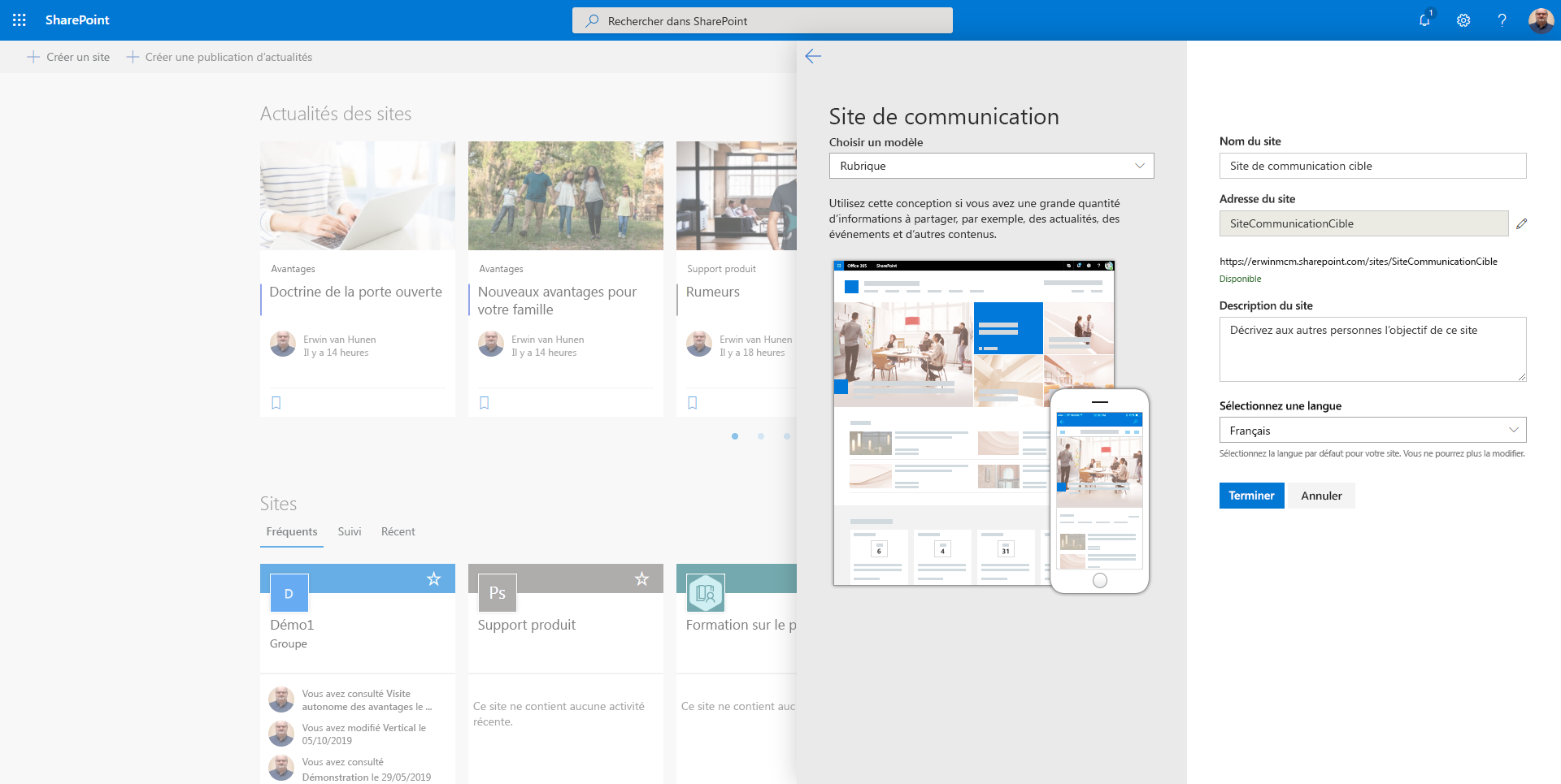 Page SharePoint Online pour créer une collection de sites