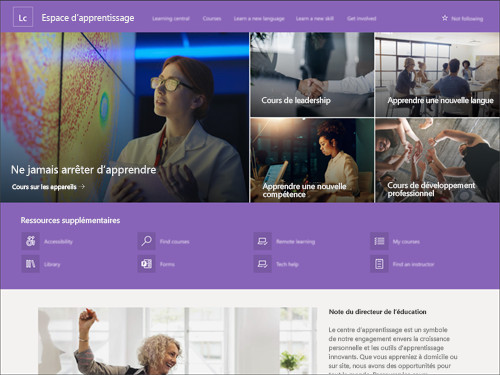 Capture d’écran du modèle de communication SharePoint Learning Central.