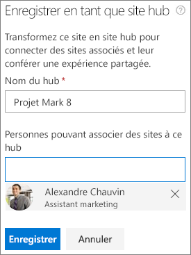 Capture d’écran de la boîte de dialogue d’enregistrement du site hub dans le centre d’administration SharePoint