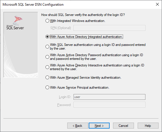 L’écran de création et de modification du nom de source de données avec l’authentification Microsoft Entra intégrée sélectionnée.