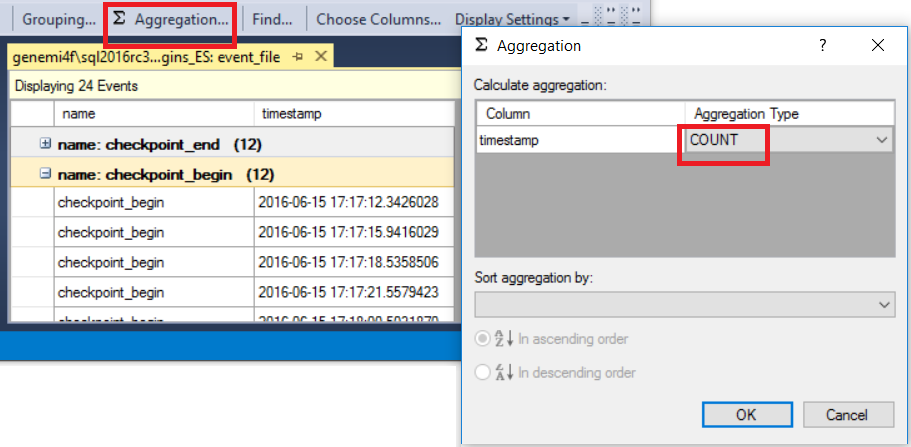 Capture d’écran montrant la barre d’outils avec l’option Agrégation sélectionnée et la boîte de dialogue Agrégation.