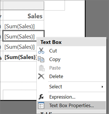 Capture d’écran de l’option Propriétés de la zone de texte du générateur de rapports.