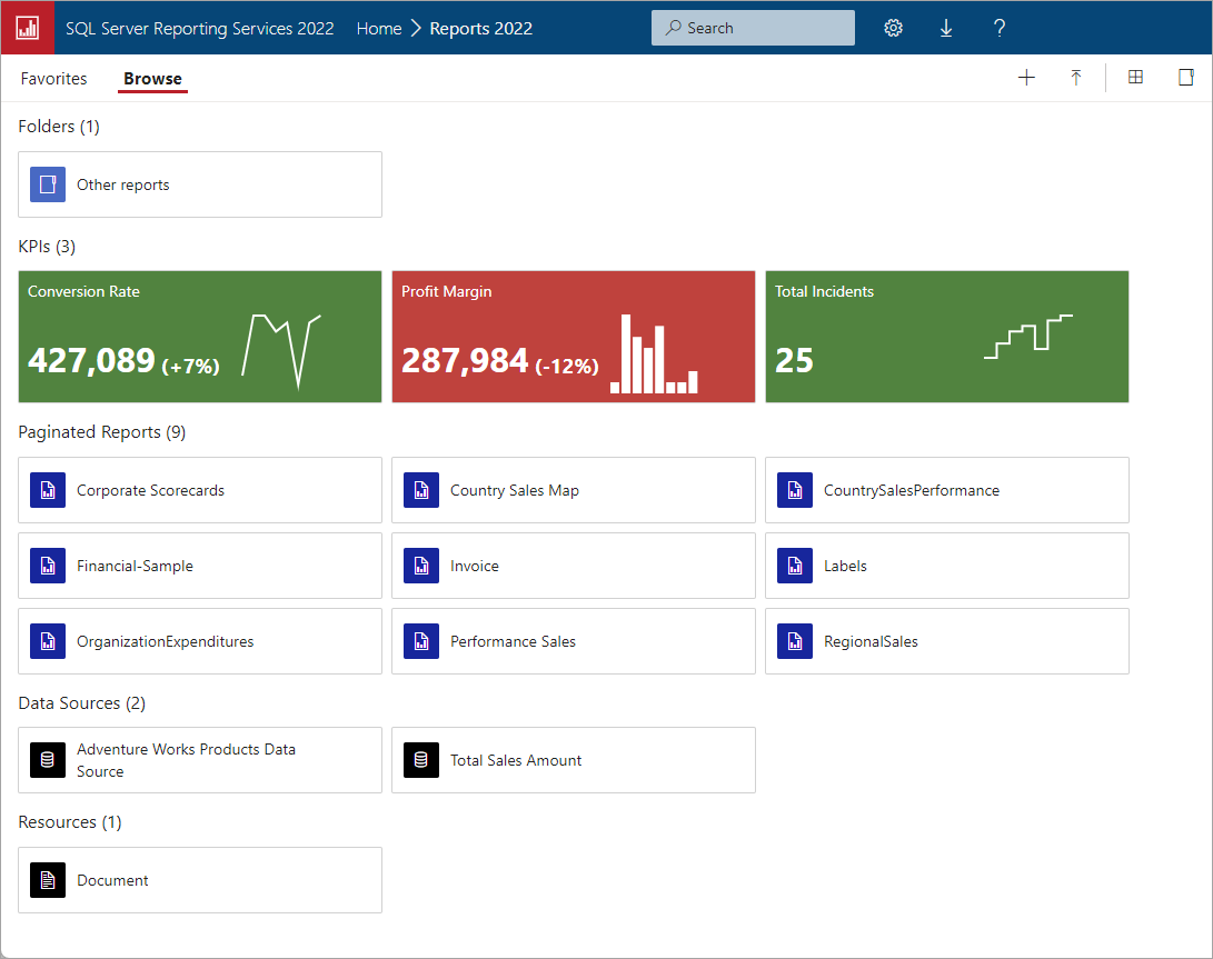 Capture d’écran du portail web Reporting Services.