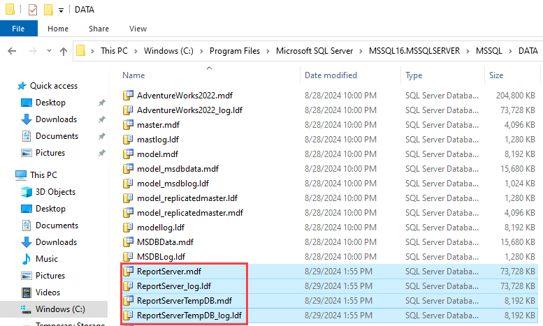 Capture d’écran de Explorateur de fichiers. Dans le dossier Données, les fichiers .mdf et .ldf sont mis en surbrillance pour la base de données du serveur de rapports et la base de données temporaire.