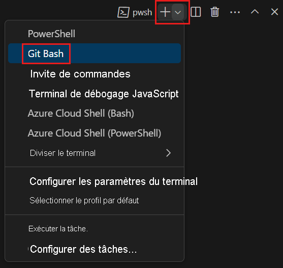 A screenshot of Visual Studio Code showing the location of the Git Bash shell.