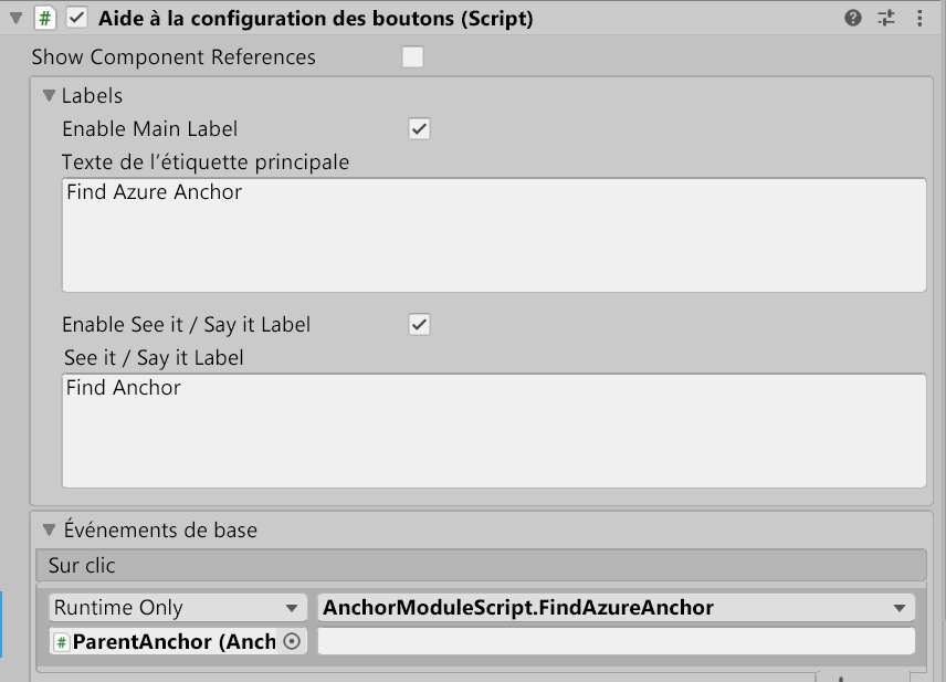 Screenshot of Unity with the FindAzureAnchor button's OnClick event configured.