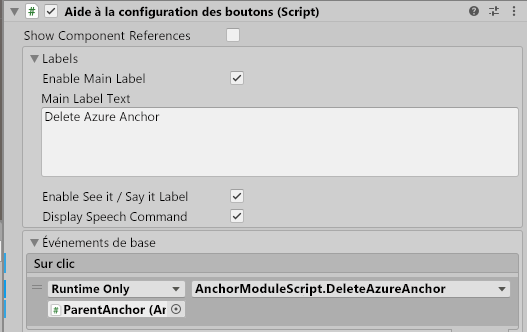 Screenshot of Unity with the DeleteAzureAnchor button's OnClick event configured.